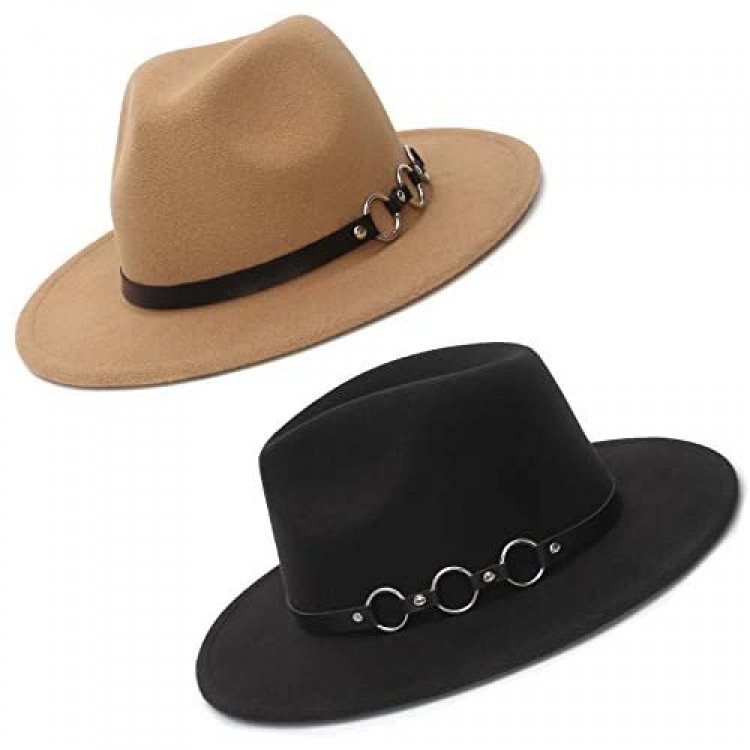 EOZY 2 PCS Fedora Hats for Women Classic Wide Brim Fedora Hat with Belt Buckle Felt Panama Hat for Women Girls