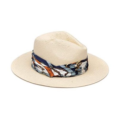 Genie by Eugenia Kim Women's Paper Braid Fedora with Chain-Print Satin Ruched Band  Natural  One Size
