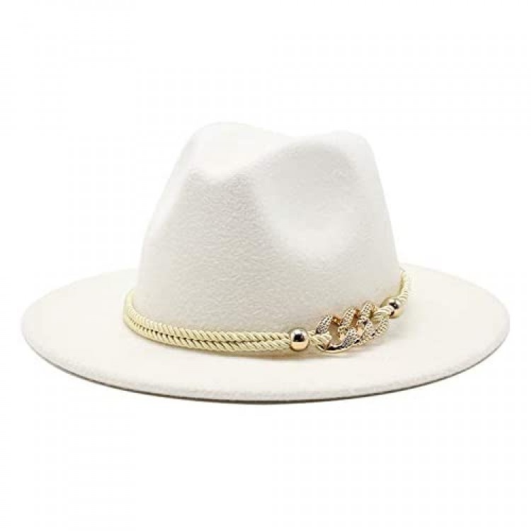Gossifan Lady Fashion Wide Brim Felt Fedora Panama Hat with Ring Belt