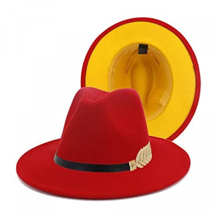 Gossifan Stylish Lady Hat Wide Brim Patchwork Colors Fedora with Belt