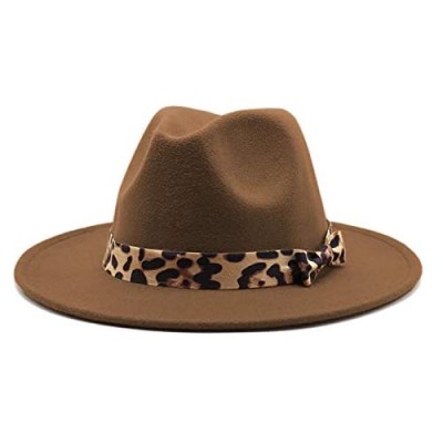 Gossifan Womens Panama Hats Wide Brim Leopard Bowknot Buckle Fedora