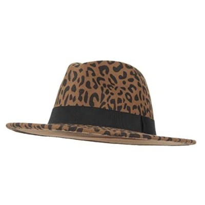 Jelord Women's Vintage Leopard Print Fedora Wool Hat Wide Brim Panama Trilby Wool Felt Hat with Band