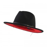 KTKA Women Jazz Cap Black Red Patchwork Wool Felt Fedora Hats Belt Buckle Decor Unisex Wide Brim Cowboy Cap Sunhat