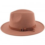 Lanzom Women Men Retro Style Wide Brim Panama Hat Belt Buckle Wool Fedora Hat