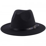 Lanzom Women Retro Wide Brim Wool Fedora Hat with Belt Buckle Hat