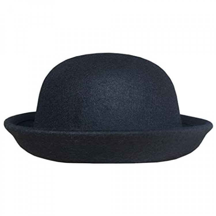 Lujuny Classic Wool Round Bowler Hats - Trendy Derby Fedora Bucket Caps with Roll-up Brim for Youth Petite