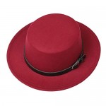 Prefe Women's Brim Fedora Wool Flat Top Hat Church Derby Belt Cap