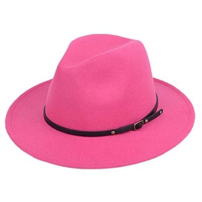Womens Classic Wide Brim Fedora with Belt Buckle Wool Panama Felt Hat