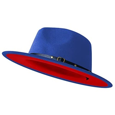 Women's Wide Brim Classic Felt Fedora Hat with Belt Buckle Men Patchwork Leather Band Panama Trilby Hat
