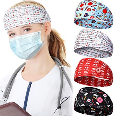 4 Pieces Face Covering Headbands for Women  Headbands with Buttons Nurses Bandanas for Ear Protector Head Wraps Elastic Hairband for Yoga Running Workout