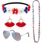 4th of July Flower Stretch Crystal Headband Floral Hawaiian Hippie Headband with Independence Day Necklace Patriotic Tassel Earring American Flag Sunglasses for Women Halloween Party Red White Blue