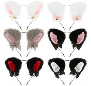 6 Pieces Cat Ear Headbands with Bells Cosplay Plush Furry Cat Ears Headwear Cat Ear Hairband for Women Costume Party