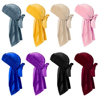 8Pcs Velvet Durag Durags for Men and Women Long Tail Head Wrap Durag Turban Hat with 4pcs Stocking Cap Long Wide Straps Fashion Stretchable Doo Durag Pirate Hat(Black Blue Red Yellow Pink White Grey)