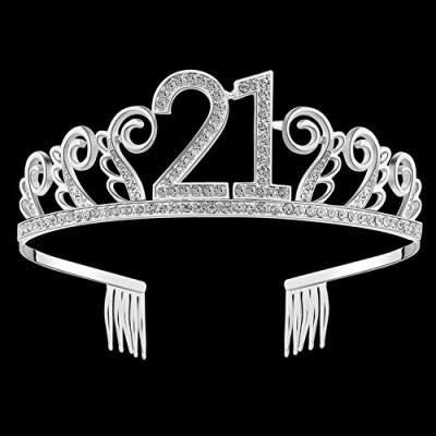 BABEYOND Crystal Birthday Tiara Rhinestone Princess Crown Happy Birthday Crowns Silver Diamante Happy 21st Birthday Tiara Crown (Silver-21st)