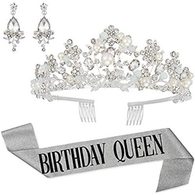 Birthday Queen Sash  Rhinestone Crown & Earring Kit - Rose Gold Birthday Decorations - Birthday Party Supplies - Women Bday Gift - Adult Happy Birthday Sash and Tiara for Women (Pearl Silver)