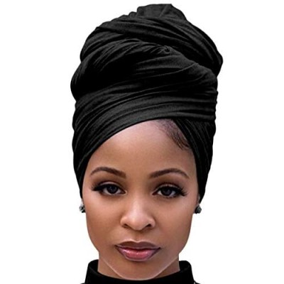 Black Head Scarf for Women Long Stretch Jersey Hair Wrap Summer Breathable Lightweight Turban Solid Color