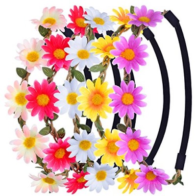 eBoot Multicolor Daisy Flower Headband Crown with Adjustable Elastic Ribbon  5 Pieces (Multicolor B)