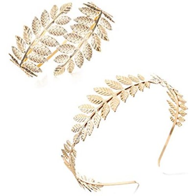 Finrezio Greek Goddess Headband Arm Cuff Bridal Jewelry Set Roman Laurel Leaf Branch Crown Armlet Upper Arm Band Bracelet Adjustable