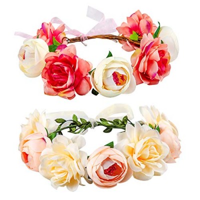 Flower Crown for Girls Women Baby  2 Pack Adjustable Handmade Bridal Flower Wreath Headband  Halo Rose Crown  Floral Garland Headpiece for Wedding Family Traveling Photography