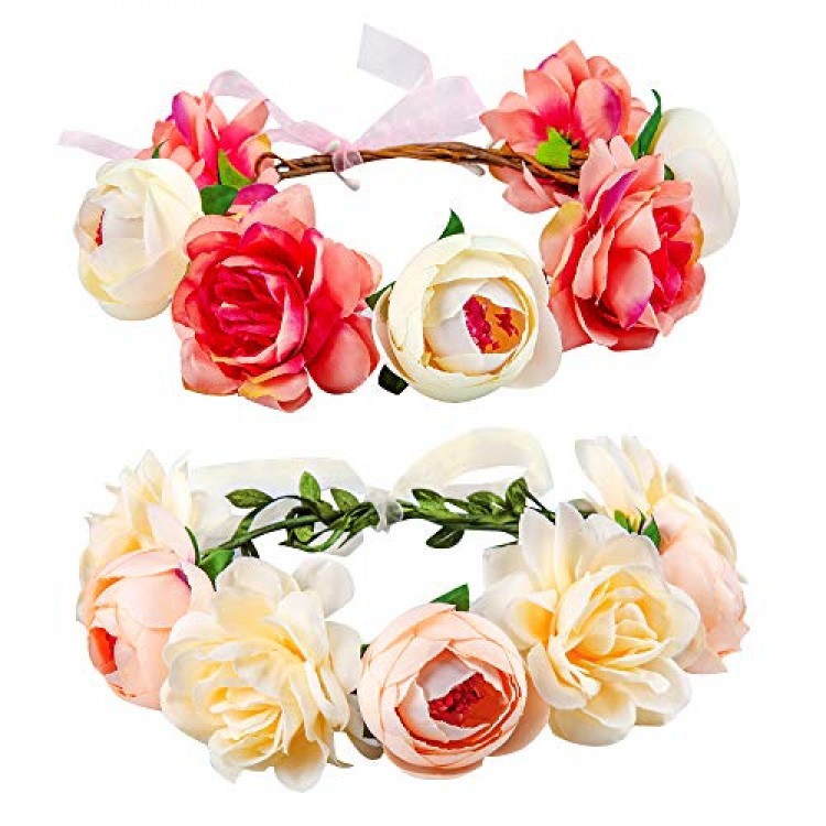 Flower Crown for Girls Women Baby 2 Pack Adjustable Handmade Bridal Flower Wreath Headband Halo Rose Crown Floral Garland Headpiece for Wedding Family Traveling Photography