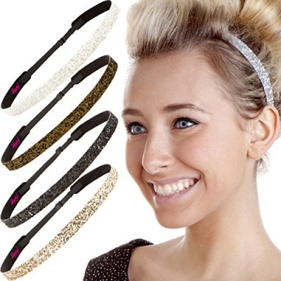 Hipsy 5pk Women's Adjustable NO SLIP Skinny Bling Glitter Headband Multi Gift Pack (Gold/Black/Silver/Brown/White)