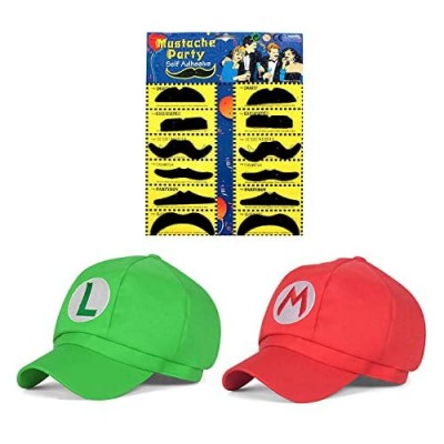 Joyingle Super Mario Bros Luigi Adult Hat Cap Costume Cosplay Halloween Baseball Anime Unisex Role Play Hat (Red and Green) 2Pcs