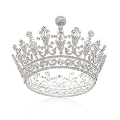 SWEETV Full Round Crystal Queen Crown for Women  Rhinestone Tiara Cake Topper for Birthday Pageant Prom Wedding Baby Shower  Silver