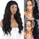 Vigorous Long Wavy Headband Wigs Natural Black Glueless Synthetic Wave Wig with Headband for Women Natural Looking Synthetic wavy Wigs for Daily Use(22 Inches)