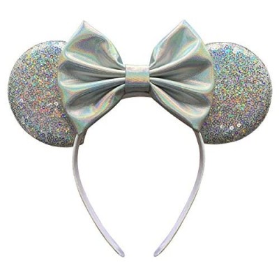 YanJie Mouse Ears Bow Headbands  Glitter Party Silver Iridescent Princess Decoration Cosplay Costume for Girls & Women (CAI-Silver)