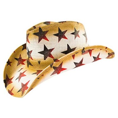 American Patriotic Western Straw Cowboy Hat  Vintage Style Red  White & Blue Stars  Shape-able Brim  Flex Fit