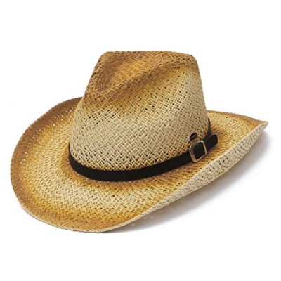 GEMVIE Straw Cowboy Hat for Women Mens Classic Belt Buckle Western Cowboy Sun Hat Roll Up Brim Fedora Straw Cap