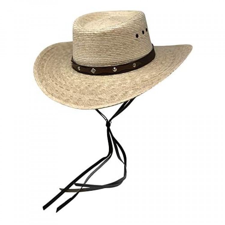 Mens Natural Straw Wide Brim Sun Protection Western Cowboy Gambler Hat with Designer Silver Plate and Dark Brown Leather Band Adamas