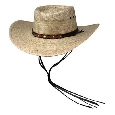 Mens Natural Straw Wide Brim Sun Protection Western Cowboy Gambler Hat with Designer Silver Plate and Brown Leather Band Carta