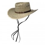 Mens Natural Straw Wide Brim Sun Protection Western Cowboy Gambler Hat with Designer Silver Plate and Brown Leather Band Rustic