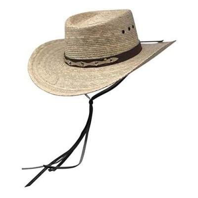 Mens Natural Straw Wide Brim Sun Protection Western Cowboy Gambler Hat with Designer Silver Plate and Stripe Beige Leather Band Stella