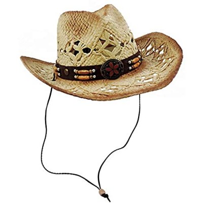 Tea Stained Western Cowboy Hat With Orange Medallion Brown Faux Leather Band
