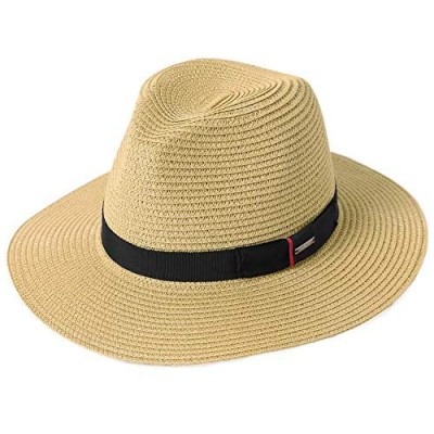 Fancet Mens Packable Straw Fedora Panama Derby Ribbon Band Hat Sun Summer Beach for Women Beige 55-57cm