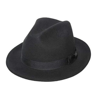 Forever Sun 100% Wool Felt Fashion Party Travel Fedora Hat for Men  Black Color  Terry Elastic Sweatband (Black Ribbon  S/M)