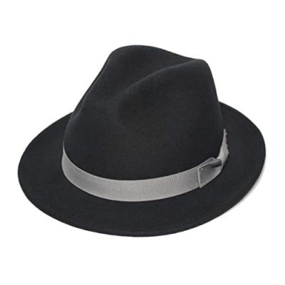 Forever Sun 100% Wool Felt Fashion Party Travel Fedora Hat for Men  Black Color  Terry Elastic Sweatband (Gray Ribbon  L/XL)