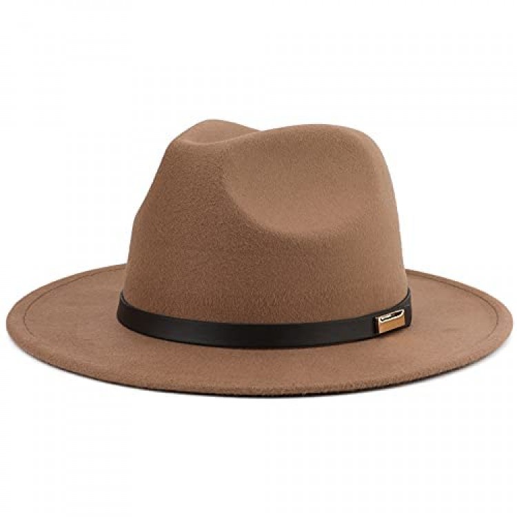 Melesh Women Classic Wide Brim Fedora Hat with Belt Buckle Felt Men Panama Hat