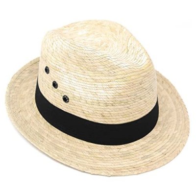Mexican Palm Leaf Straw Wide Brim Fedora Hat  Black Hatband w/Grommets