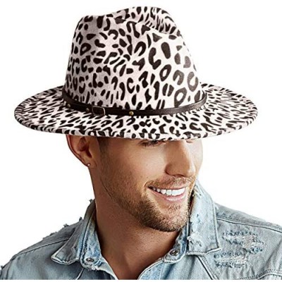 PORSYOND Wide Brim Leopard Felt Fedora Hat Men Women Belt Buckle Panama Jazz Hat Trilby Hat with Leather Band