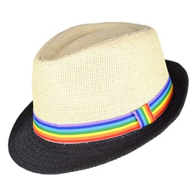 Super Cute Natural Paper Straw Fedora Hat with Rainbow Ribbon Hatband