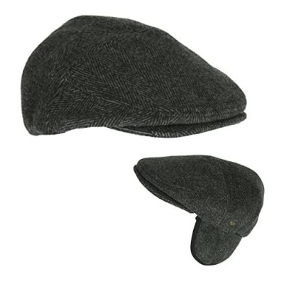 Men’s Black Wool Herringbone Ivy Cap  Classic Cabbie Hat w/Ear Flaps