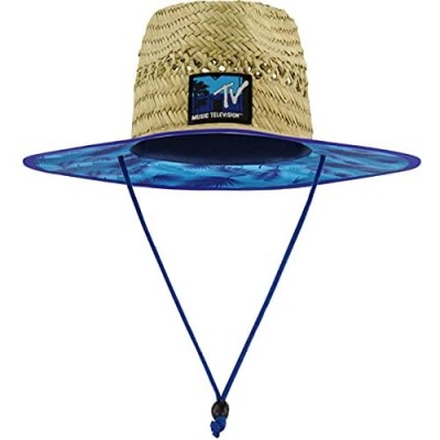 Concept One MTV Adjustable Straw Lifeguard Hat with Embroidered Logo and Blue Cotton Palm Tree Lining  Natural  One Size