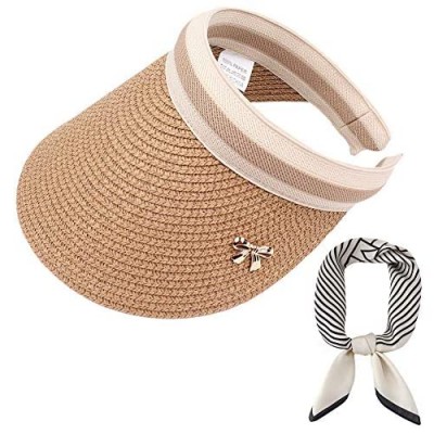 HNPYY Womens Straw Sun Visor Hat 2Pcs Wide Brim Beach Hat UV Protection Summer Beach Hat with Satin Square Scarves