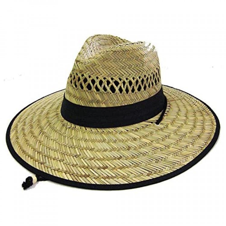 Men's Straw Outback Lifeguard Beach Surfing Outdoor Working Vented Straw Sun Hat w/ 4.5-inch-Wide Brim & Chin Strap