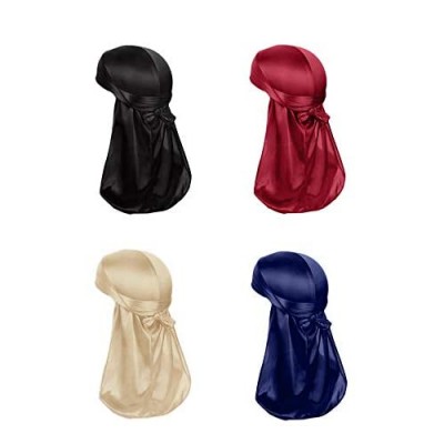4 Pack Men's Women's Silk Accent Durag Cap Headwraps (Black  Navy  Wine Red and Brown)
