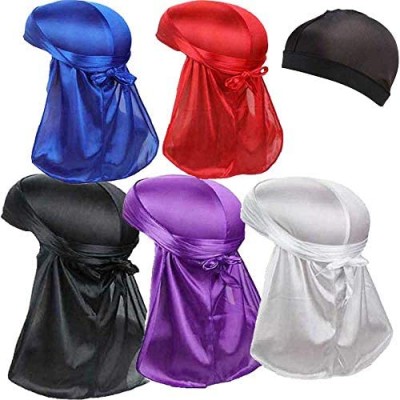5 PCS Stretchable Luxury Silky Soft durag Cap Straps Headwraps with Long Tail and Wide Straps with 1 Wave Caps