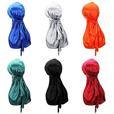 6 Pieces Silk Durags Cap for Men Women  Smooth Satin Doo Rag Headwraps with Long Tail and Wide Straps for 360 Waves